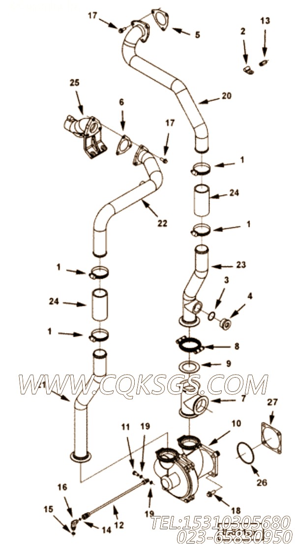 【水进口管】康明斯CUMMINS柴油机的4001432 水进口管